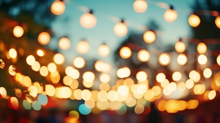 Obraz premium Abstract cream background with blurry festival lights and outdoor celebration bokeh 