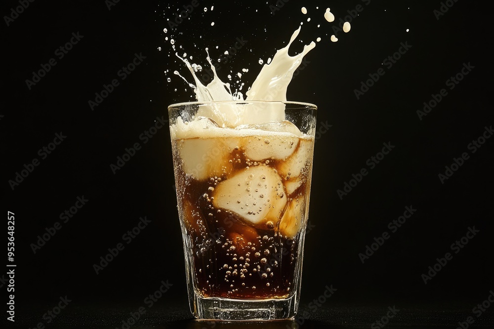Poster glass of cola with ice and splash. this photo can be used for advertisements or designs related to r