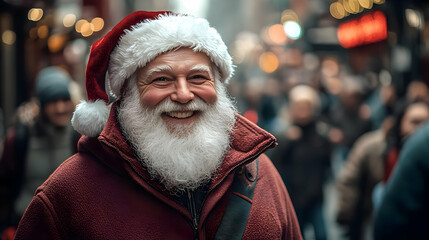 A jolly man wearing a Santa hat with a big smile in a crowded street.