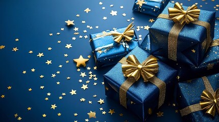 blue gifts with golden bows and ribbons placed on blue background near stars