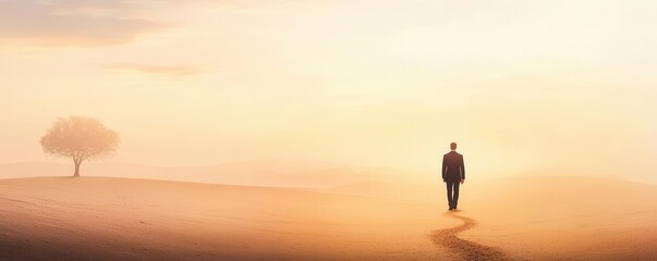 Fototapeta premium Manager standing in a desert, with one path leading to safety and another to a high-risk unknown, decision, risk, exploration, manager