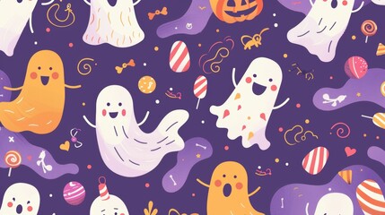 Playful seamless pattern featuring adorable cartoon ghosts and colorful candies set against a vibrant purple background, perfect for Halloween-themed designs, wrapping paper, and textiles