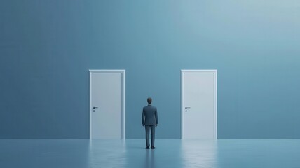 Manager standing in front of two doors, one marked low risk with a clear path, the other high risk shrouded in mystery, decision, choice, risk, manager