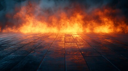 A dramatic Halloween scene featuring a wooden floor with smoke and fiery light. Ideal for Halloween-themed designs and promotions with copy space.