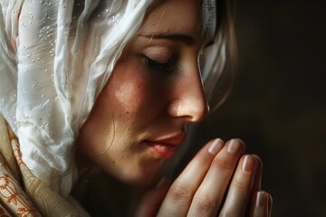 Close-up of a young woman praying in a biblical character. Generative Ai