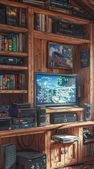 Retro video game background with wooden frame in gamer?s lounge. Pixel art and nostalgic vibes