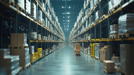 Interior shot of a large warehouse with shelves full of scattered goods, focusing on the scale and organization of industrial logistics. Background blurred for emphasis.