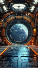 Space station interior with wooden frame in sci-fi themed room. Metallic tones and futuristic design