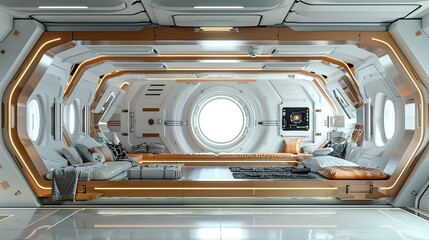Space station interior with wooden frame in sci-fi themed room. Metallic tones and futuristic design