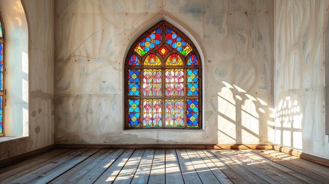 Stained glass window background with wooden frame in spiritual library. Colorful light and sacred motifs, white background - Powered by Adobe