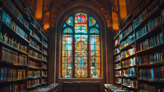 Stained glass window background with wooden frame in spiritual library. Colorful light and sacred motifs, white background