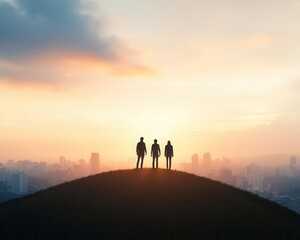 People standing on a grassy hill overlooking a cityscape at sunset, blending nature and urban life, contrast, sunset, nature, urban