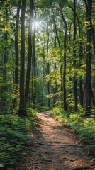 Fototapeta premium Sunlit forest path with wooden frame in yoga retreat. Dappled light and serene greens, white background
