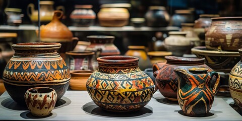 Ancient Pottery Display with Geometric Patterns