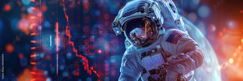 Poster an astronaut is immersed in space, interacting with digital data elements amidst a colorful cosmic b