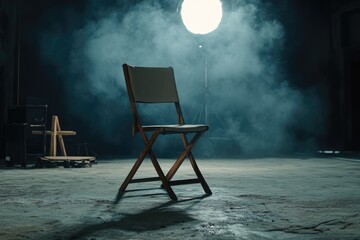 A lone director's chair sits in a smoky studio. Use for movie set, film production, or theater.