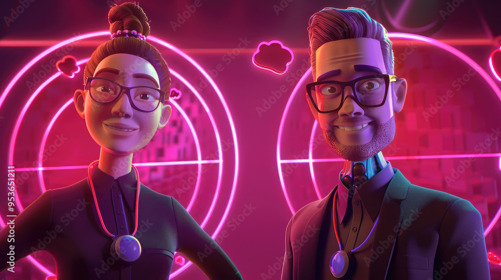 Poster two stylized animated characters pose with smiles, surrounded by neon lighting at a lively cyberpunk