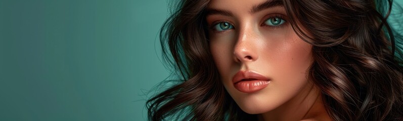 Woman with long hair and green eyes posing, banner, copy space, portrait