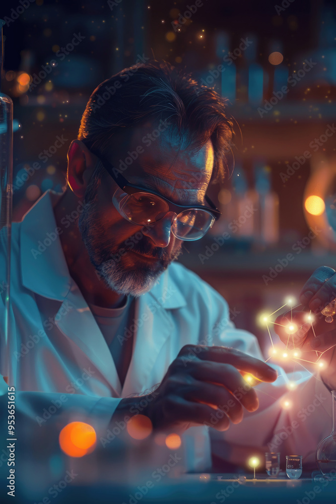 Aufkleber a focused scientist studies glowing molecular structures in a dimly lit lab filled with various scie