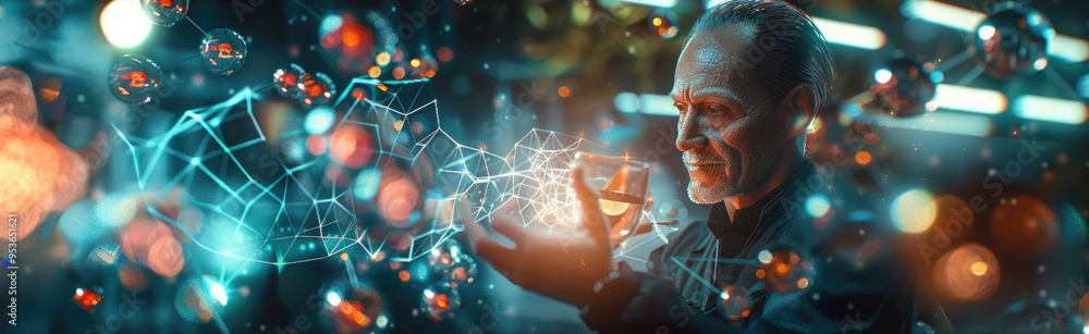 Poster a scientist examines molecular patterns using advanced holographic displays amid a futuristic labora