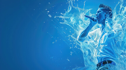 A singer captivates the audience while enthusiastically performing with energetic water splashes surrounding him