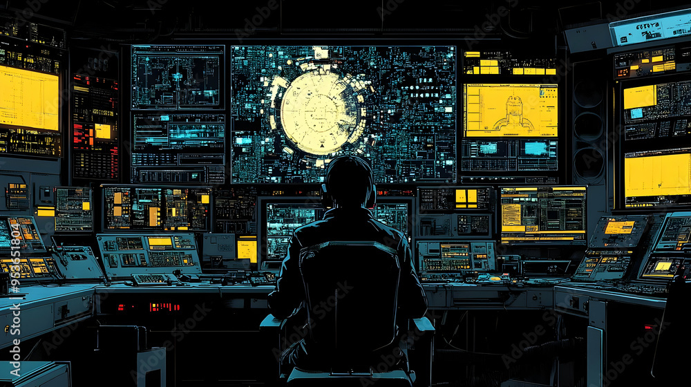 Poster a lone figure sits before a wall of computer screens displaying complex data, in a dark and mysterio