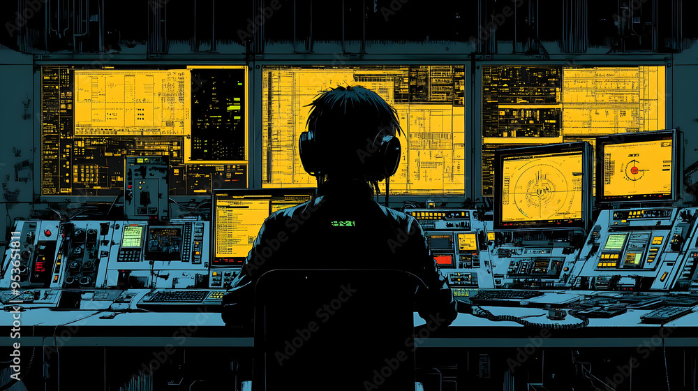 Poster a lone figure sits before a wall of monitors and computer systems.