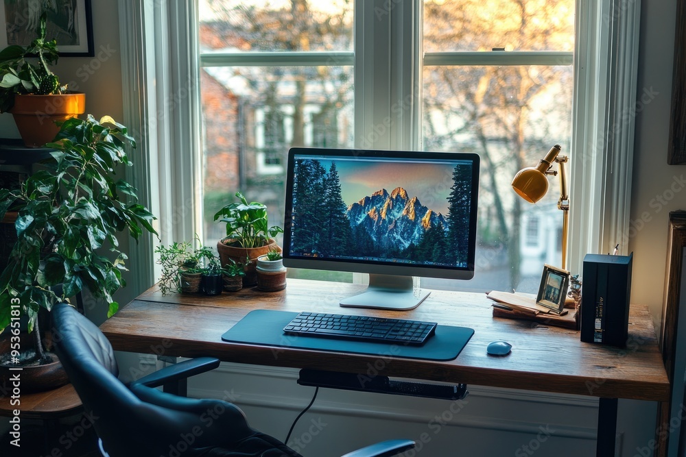 Poster a modern home office with a computer and plants. this image can be used for blog posts about work-li