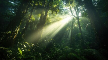 Obraz premium Dark rainforest, sun rays through the trees, rich jungle greenery 
