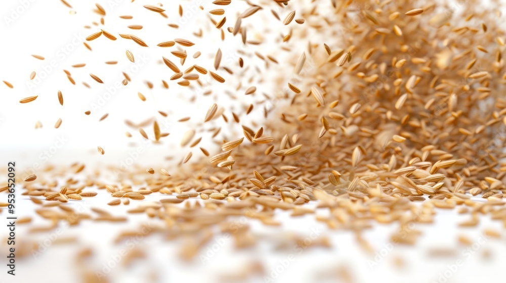 Poster a swarm of rice grains, swirling and dancing in a vortex of motion, creating a mesmerizing spectacle