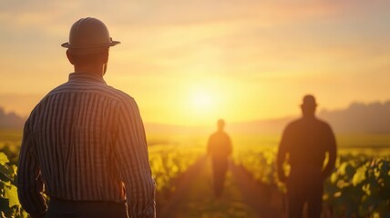 Silhouetted workers standing in a vineyard at sunset, capturing the essence of harvest time, agriculture, sunset, vineyard, labor