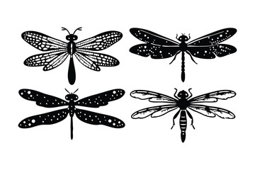 Dragonfly in smile with halftone stipple effect linocut flat vector illustration on white background