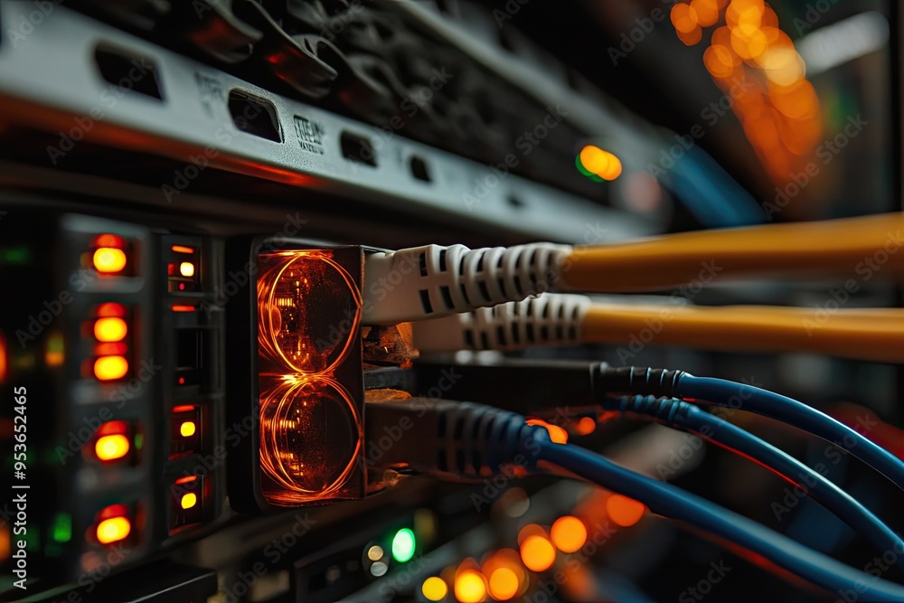 Poster close-up of server rack with cables. illustrates data transfer and connectivity.