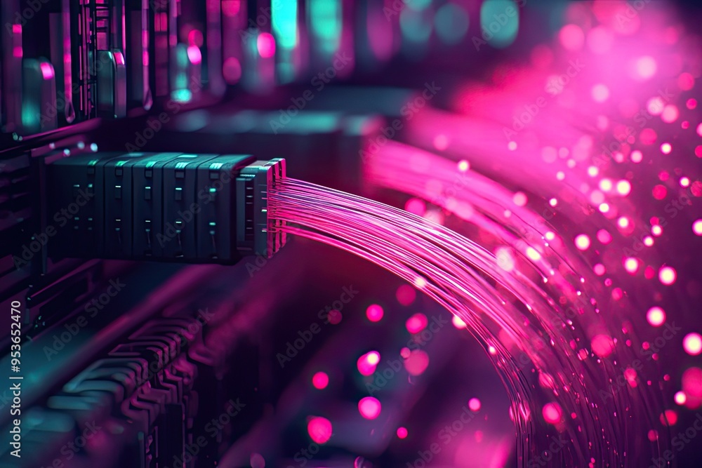 Aufkleber pink optical fibers connected to a device. this photo depicts the flow of data and information throu