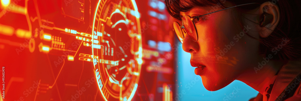 Poster an individual examines glowing red digital displays, showcasing data analysis in a high-tech environ
