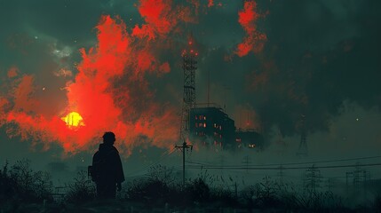 Fototapeta premium A lone figure stands in a desolate landscape with a red sky and a tall building in the distance.