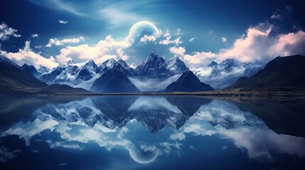 Obraz premium A tranquil lake reflecting the mesmerizing beauty of the Milky Way, creating a mirror image of the cosmos amidst the serene mountain scenery.