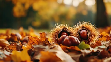 Open chestnut burrs with ripe chestnuts among colorful autumn leaves outdoors