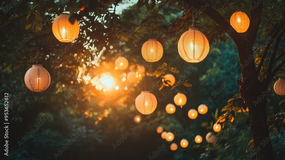 Fototapete a collection of thai paper lanterns hanging from trees, creating a festive atmosphere with a clear s