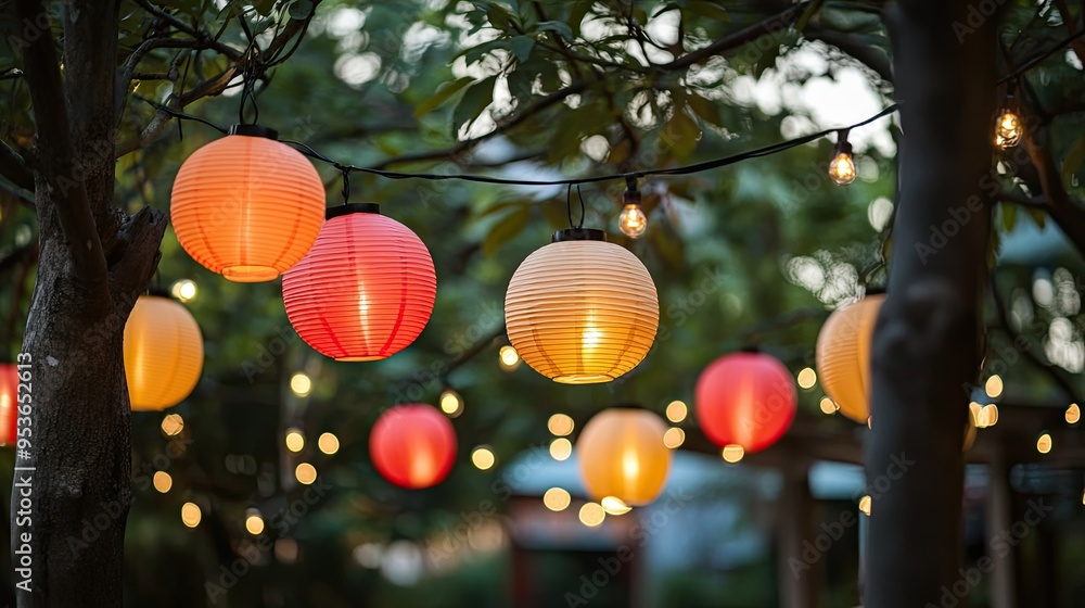 Fototapete a collection of thai paper lanterns hanging from trees, creating a festive atmosphere with a clear s