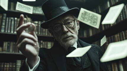 A Master Magician Waving His Wand, Creating a Mesmerizing Illusion of Floating Cards in a Library Setting, Experience the Captivating Wonder of Magic