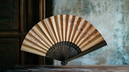 A traditional Thai paper fan with intricate designs, closed and resting on a table with a blank space next to it.