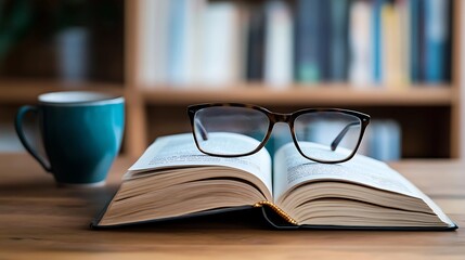 stack of open textbooks, a pair of reading glasses, and a cup of coffee on a wooden desk,...