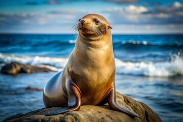 A majestic sea lion proudly displays its impressive flipper, glistening whiskers, and shiny coat, posed on a rocky
