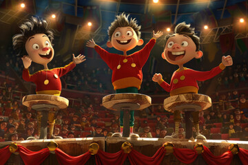 Fototapeta premium Three animated characters with cheerful expressions entertain an enthusiastic crowd at a lively circus performance, standing on wooden platforms
