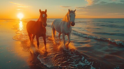 Two horses are running in the ocean