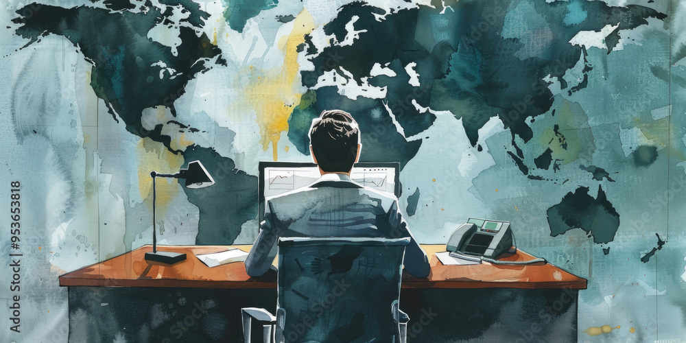 Poster a business professional analyzes data on a computer in a contemporary office setting with a world ma