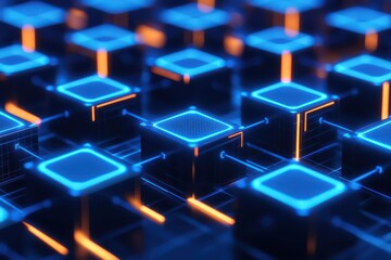 AI-powered global network system, visualized as interconnected glowing cubes, dark futuristic background, blue neon glow