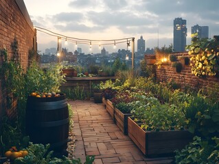 Fototapeta premium Verdant Rooftop Oasis Thriving Urban Garden with Cityscape Backdrop