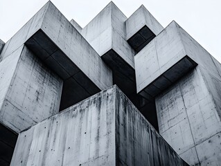 Brutalist Architectural Design with Sleek Geometric Concrete Structures in Stark Urban Cityscape